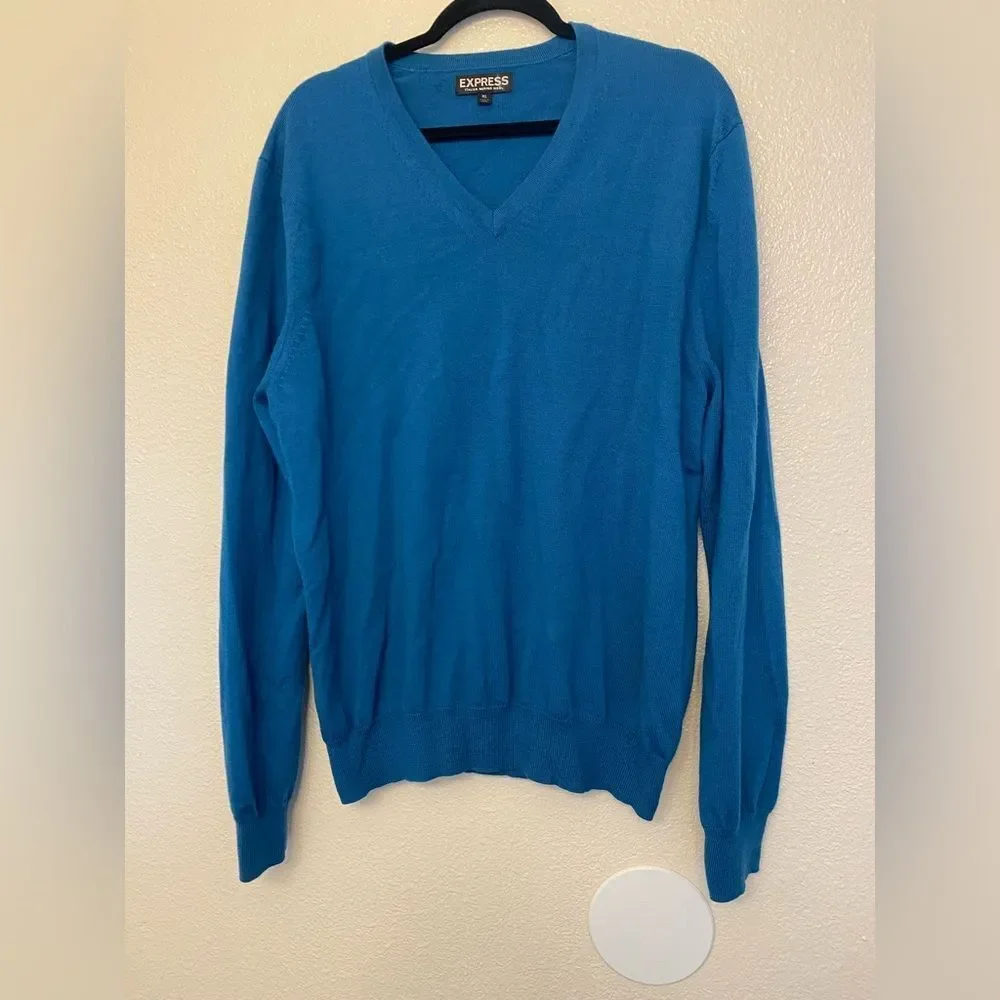 Express Mens 100% Italian Merino wool sweater v neck aqua blue XL